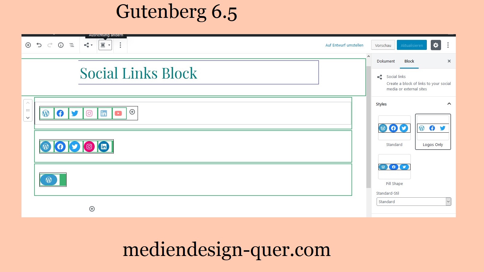 Gutenberg 6.5 mit Social Links Block und Experimentelle Block Bibliothek Suche im Inserter